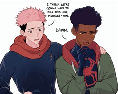 two young men with pink hair are standing next to each other and one has his hand on his face