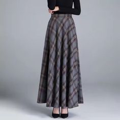 High Waist Elastic A-Line Wool Maxi Skirt    SIZE (CM) Hip Waist Long Length  Mid-Long Length    S  56-68 86  76    M  60-72 86  76    L  64-76 86  76    XL  68-82 86  76    2XL  72-86 86  76    3XL  76-90 86  76 Wool Maxi Skirt, Style Transformation, Ankle Length Skirt, Lady Girl, Empire Style, Outfits Winter, Wool Skirts, Casual Work, Pleated Midi Skirt