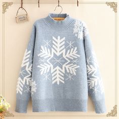 New round neck Christmas snowflake sweater sweater sold by Harajuku Fashion Style. Shop more products from Harajuku Fashion Style on Storenvy, the home of independent small businesses all over the world. Blue Diamond Sweater, Blue Snowflake Sweater, Christmas Sweaters Aesthetic, Christmas Crochet Sweater, Sweater Design Ideas, Snowflake Clothes, Snowflake Outfit, Blue Christmas Sweater, Blue And White Sweater