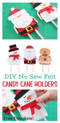 the instructions for how to make candy cane holders with santa and snowmen on them