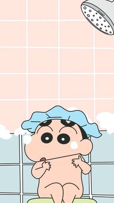 a cartoon character sitting on top of a bath tub in front of a shower head