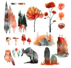 an illustration of various trees and animals