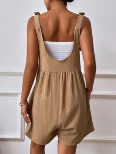 1pc Solid Bow Shoulder Overall Romper | SHEIN USA Linen Style Fashion, Overall Romper, Boho Wear, Summer Outfits Black, Jumpsuit Outfits, Modest Summer, Outfits Modest, Modest Summer Outfits, Pajama Outfits