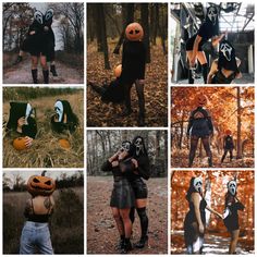 several pictures of people dressed up in halloween costumes and pumpkins, one is holding a cat