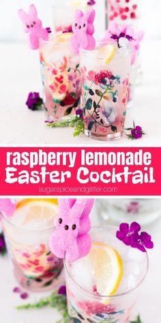 the raspberry lemonade easter cocktail is served in glasses with bunny decorations on them