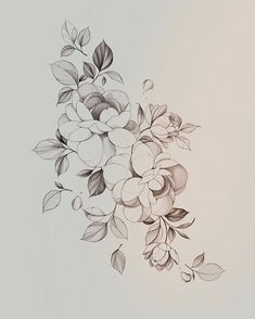 a black and white drawing of flowers on a gray background with leaves in the corner