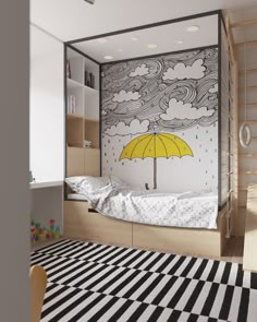 a child's room with a bed, bookshelf and an umbrella painted on the wall