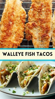 some fish tacos are on a plate and in the background is an image with text overlay