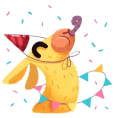 a drawing of a yellow dog with a party hat and streamers around it's neck