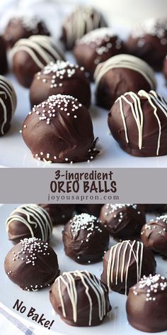 chocolate covered oreo balls on a plate with white sprinkles and text overlay