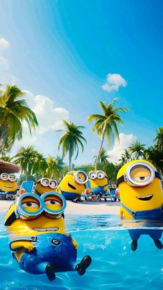 minions swimming in the pool with their goggles on and one eye open, while others are