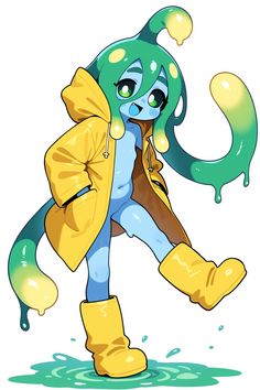 an image of a cartoon character with blue hair and yellow boots, wearing raincoats