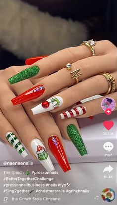 Grinch Manicure Ideas, Kansas State University Nails, Buddy The Elf Nails Designs, Christmas Nail Inspo 2024, Grinch Fingernails, Red And Green Xmas Nails, Cute Grinch Nails, Christmas Nail Designs Grinch, Grinch Gel Nails