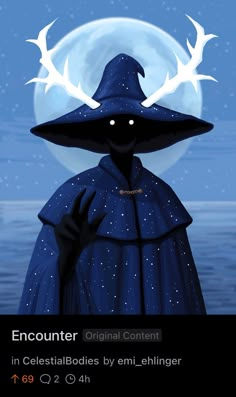 a cartoon character wearing a witches hat and cloak in front of a full moon background