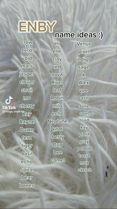 an image of the words enby in different languages on a white fur textured surface