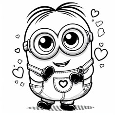 a black and white drawing of a minion with hearts on it's chest