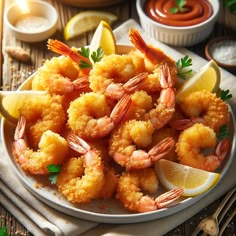 a white plate topped with shrimp next to lemon wedges