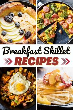 breakfast skillet recipe collage with text overlay that reads, breakfast skillet recipes