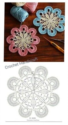 crocheted doily pattern with flowers and yarn