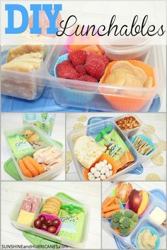 lunch boxes filled with different types of food and the words diy lunchables