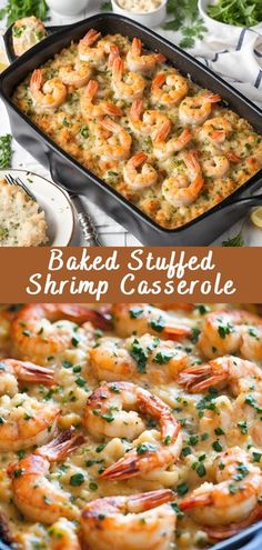 baked stuffed shrimp casserole in a blue dish