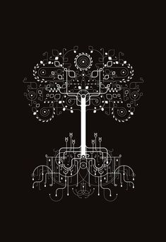 a black and white poster with an abstract tree in the middle, on a dark background