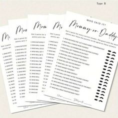 three wedding game cards with handwritten names and numbers on the front, one for each guest