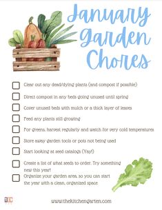 a printable january garden chores checklist with vegetables in a wooden box and green leaves