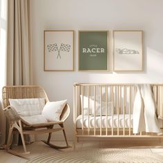 a baby's room with a rocking chair, crib and pictures on the wall