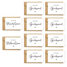 six place cards with the names of bridesmaid and groomsmid written on them