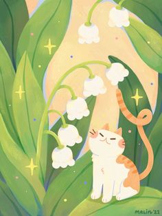 a painting of a cat sitting in front of lily of the valley