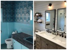 two pictures of a bathroom with blue and white walls