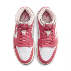 The Air Jordan 1 Mid 'Strawberries and Cream' is a stylish sneaker for adults. It features a white base, pink overlay, rubber outsole, and a creamy tongue and midsole. The sneaker is inspired by the classic Air Jordan 1 silhouette and is part of the Jordan 1 series. It is perfect for everyday wear and is sure to turn heads with its unique design. The sneaker is made from high-quality leather and is finished with a mesh tongue and lining. The 'Strawberries and Cream' colorway is a combination of Strawberry And Cream Jordan 1, Jordan 1 Strawberries And Cream, Air Jordan 1 Mid Women, Air Jordan 1 Women, Jordan Pink, Wmns Air Jordan 1, Jordan Sneaker, Nike Shoes Girls, Dr Shoes