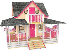 a pink and white doll house with steps leading up to the front door on a white background