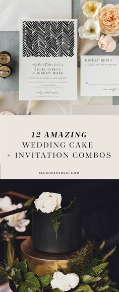 the wedding cake is surrounded by flowers and greenery, along with an envelope that says amazing