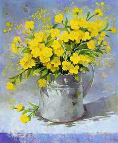 a painting of yellow flowers in a watering can