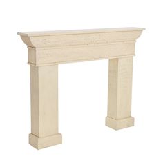 a white marble fireplace mantel with carvings on the top and bottom, in front of a white background