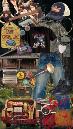 a collage of various items including clothing, shoes and other things in the background