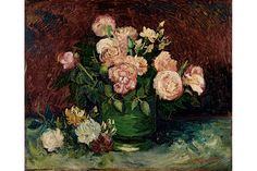 a painting of pink roses in a green vase on a brown tablecloth with other flowers