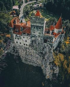 an aerial view of a castle in the middle of trees and water with red roof tops