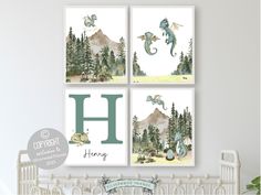 three watercolor paintings with the letter h in green, white and blue on a wall above a crib