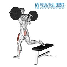 a man doing squats on a bench with the words nick hall body transformed above him