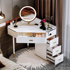 a dressing table with drawers and a mirror on it in front of a curtained window