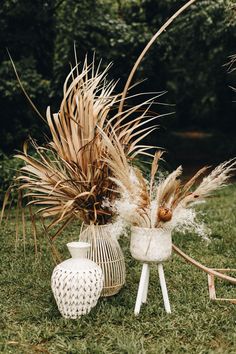 two white vases sitting on top of a lush green field next to tall grass