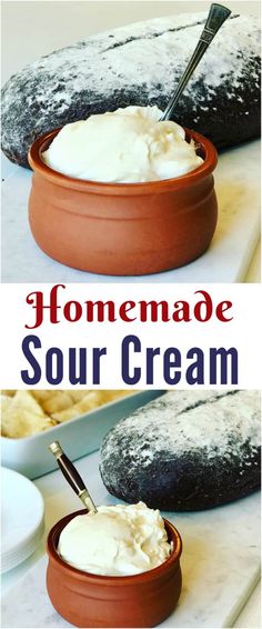 homemade sour cream in a bowl on a cutting board with bread behind it and text overlay that reads homemade sour cream