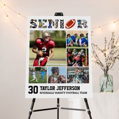 a football poster is displayed on an easel