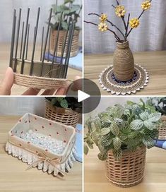 four pictures showing different types of plants in baskets and vases with flowers on them