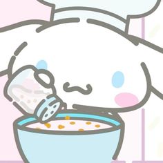 a cartoon character is pouring something into a bowl with a spoon in front of him