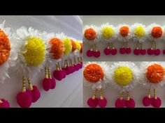 two pictures show different types of pom poms and flowers on the side of a wall