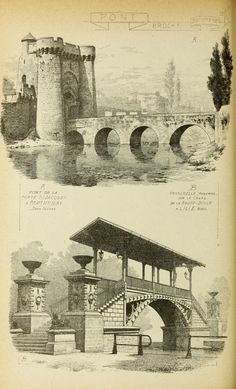 an old book with two drawings of bridges